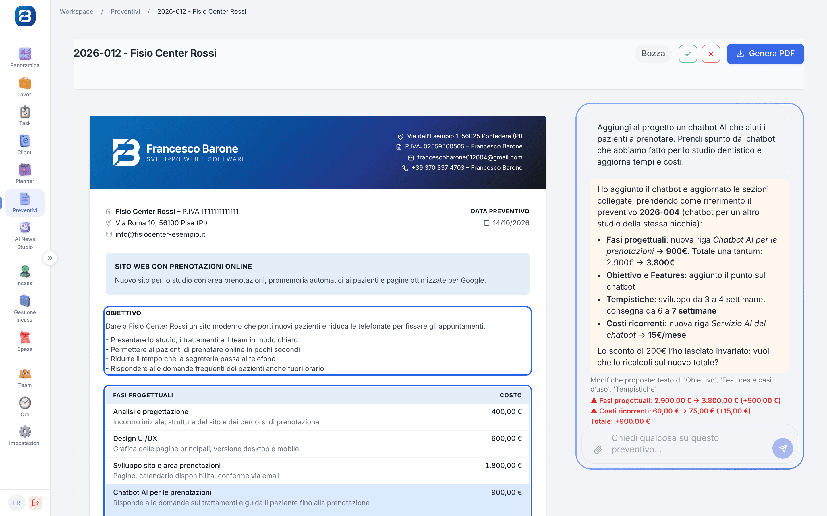 L’assistente ha aggiunto un chatbot al preventivo, con le modifiche in blu